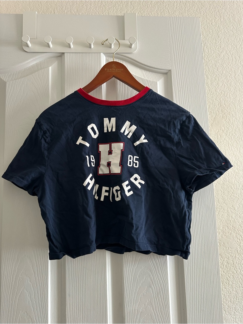Tommy Hilfiger Navy Cropped Logo Tee with Red Trim